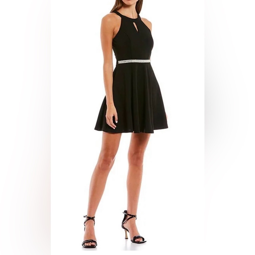Honey and Rosie Sleeveless Keyhole Beaded Waist Fit-And-Flare Scuba Dress - Picture 1 of 10